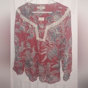 LOFT Iris Lacy Peasant Long Sleeve Floral Red Blouse Top Shirt Medium